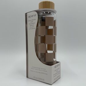 Apana Glass Bottle with Checkered Insulated Sleeve and Wood Cap Tan/Beige NWT